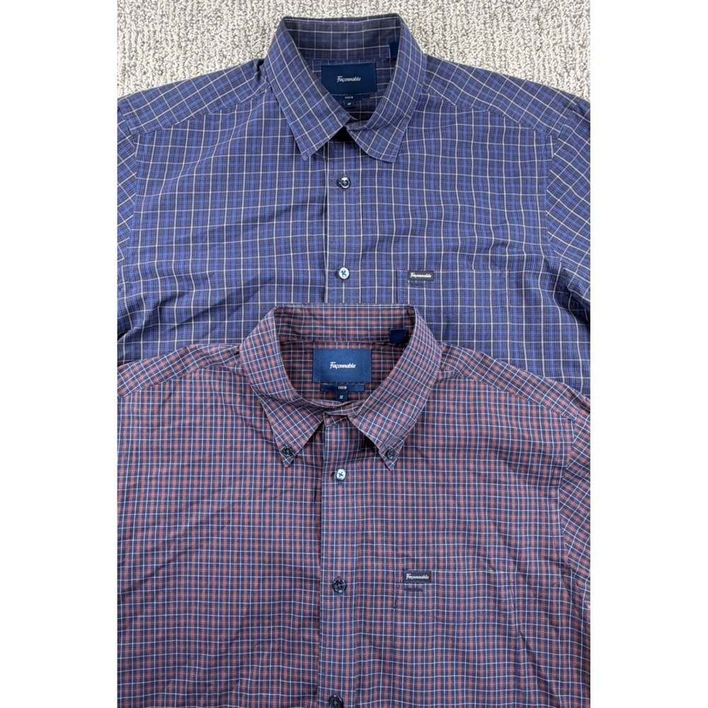 Lot of 2 Faconnable Button Down Shirts Men's Medium Blue Rust Plaid Long Sleeve